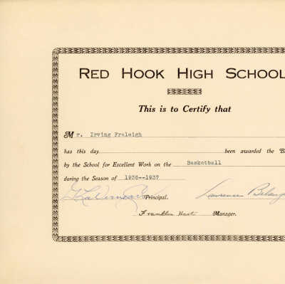 RHHS Certificate for basketball, 1936-37 and 1937-38