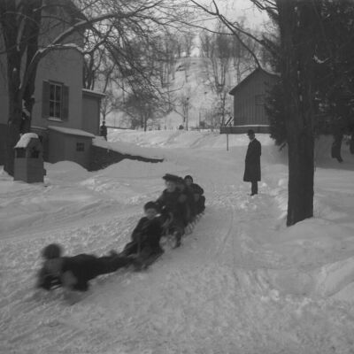 Losee children sledding in snow