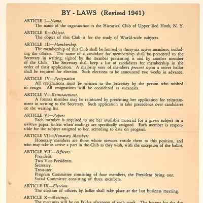 By-Laws of The Historical Club of Upper Red Hook. (Revised 1941)
