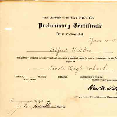 Preliminary certificate, Tivoli High School, Alfred Wilken, 1920