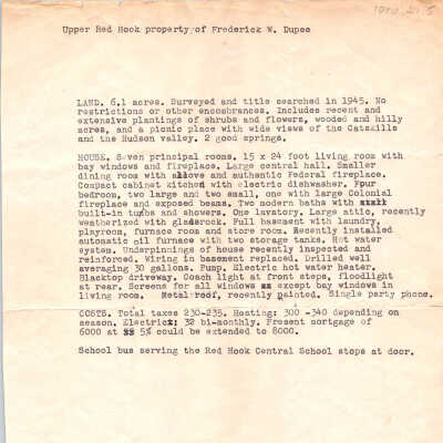 Thomas House, sales description of property owned by Frederick W. Dupee