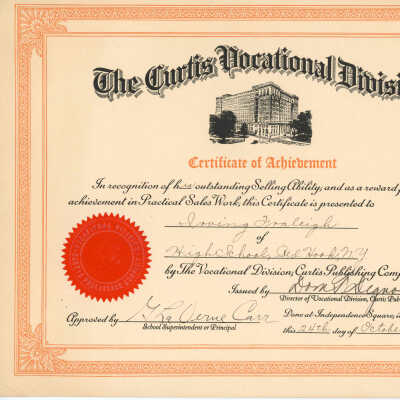 Certificates of Achievement for 'Practical Sales Work', 1934, 1935, 1936, Irving A. Fraleigh