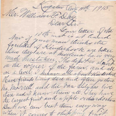 Letter to William F. Day from Mr. Hasbrook of Kingston Regarding Mr. Mead’s Farm Search, 1915