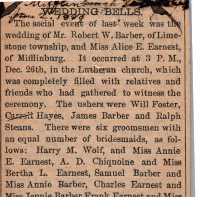 Wedding announcement of Robert W. Barber and Alice Earnest