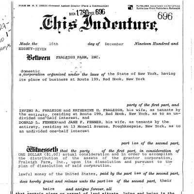 1987 and 1990 Deeds to Fraleigh Farm, splitting between Irving A.& Katherine Fraleigh and Donald L. & Jane F. Fenner