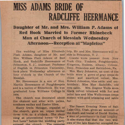 Wedding announcement of Elizabeth Platt Adams to Radcliffe Heermance