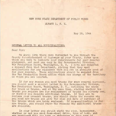 Public Works Letter about Ordering Snowplows during WWII