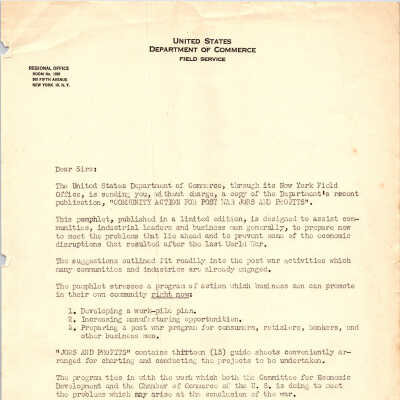 US Dept. of Commerce Post War Letter