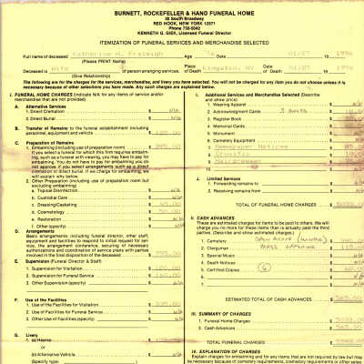 Burnett, Rockefeller & Hand Funeral Service statement, 1996