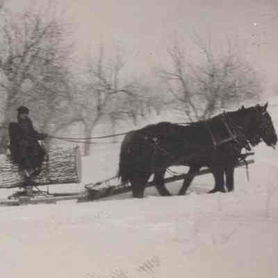 Mead Farm in the snow; horse-drawn sledge