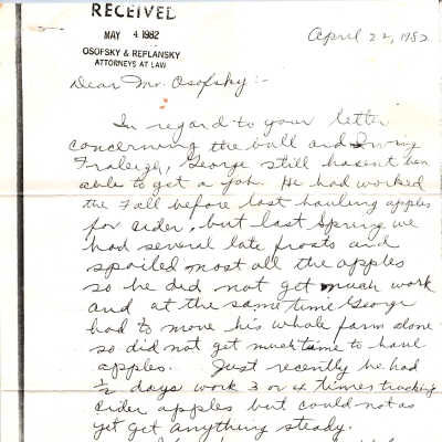 Letter to Mr. Osofsky re payment for Fraleigh bull, 1982.