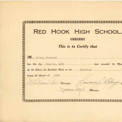 RHHS Certificate of Excellence in Baseball, 1935, Irving A. Fraleigh