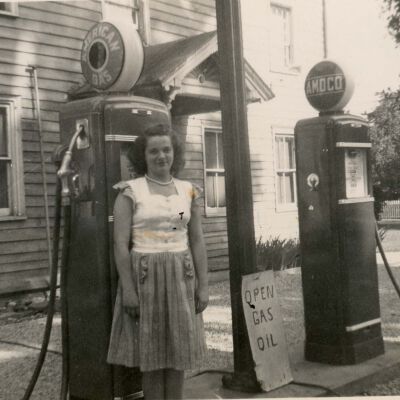 Mary Merganthaler Proper in front of Elmendorph inn, 1946