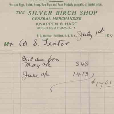 W. S. Teator Silver Birch Shop Receipt 1924