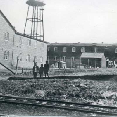 CNE railroad tracks in front of Baker's Chocolate Factory