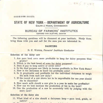 Bureau of Farmers' Institutes dairying questions, date unknown