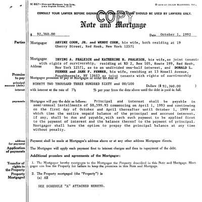 1992 Mortgage, Arvine Coon, Jr & Wendy Coon to Irving A. & Katherine H. Fraleigh and Donald L. & Jane F. Fraleigh