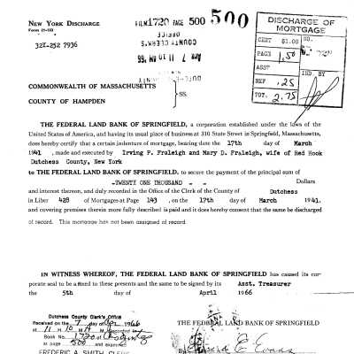 1941 Mortgage Discharged 1966, Irving P. and Mary D. Fraleigh