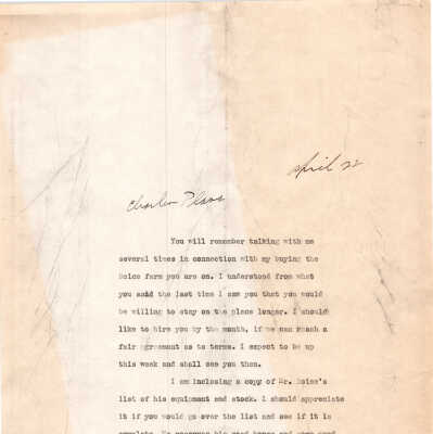 Letter to Charles Plass from Gordon Mead Regarding his Possible Employment, 1916