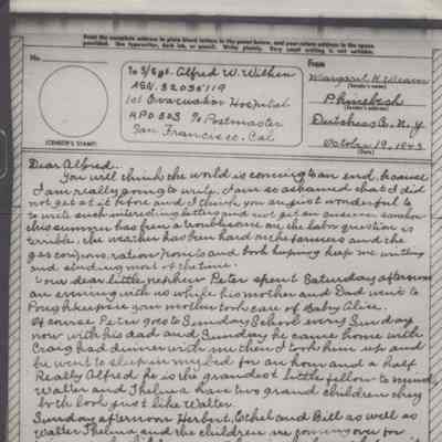 V-Mail Letter from Margaret Weaver of Rhinebeck to Alfred W. Wilken, 1943