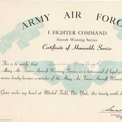 Air Force aircraft warning service certificate and correspondence, 1944