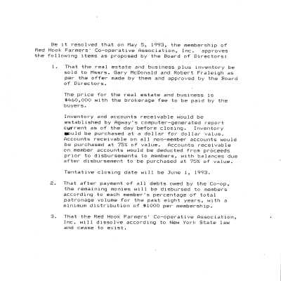 Red Hook Farmers' Co-Op letter, 1993
