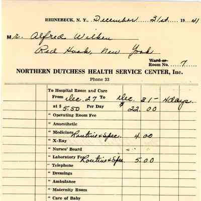 Hospital receipt, Alfred Wilken, 1941