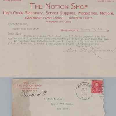 Envelope and Note from The Notion Shop, 1914