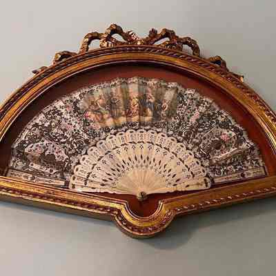 Fan in Shadow Box, Hand-Painted Paper Fan With Ivory Pique Blades