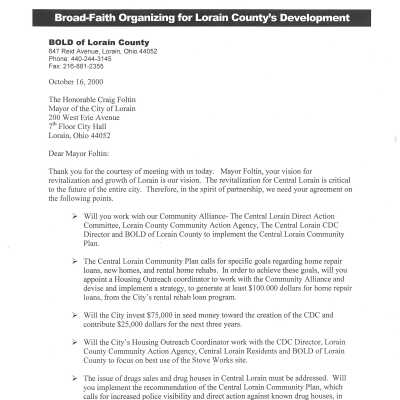 Letter from BOLD (Broad-faith Organizing for Lorain's Development)