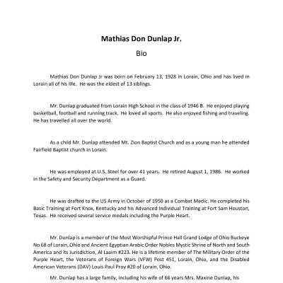Dunlap, Mathias Jr. - Oral History Interview - Bio