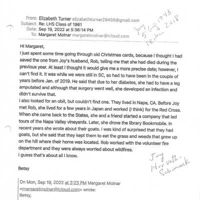 Horvath, Joy Schumack family correspondence