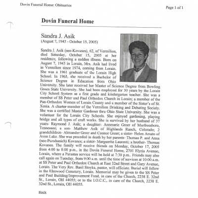 Kovanes, Sandra J Asik obit