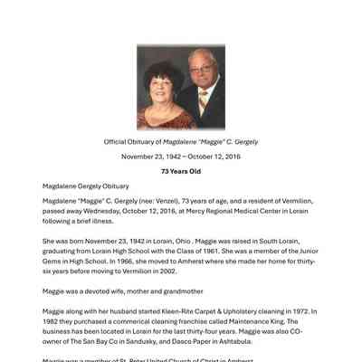 Venzel Gergely, Magdalene Obituary