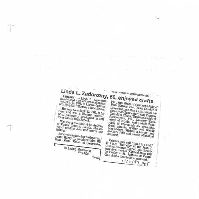 Mishak, Linda L Zadorozny obit