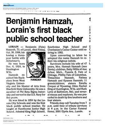 Hamzah (Fain), Benjamin (First Black Lorain Public School Teacher)