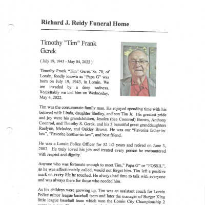Gerek, Timothy Frank obit