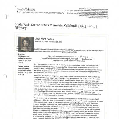 Varis, Elthenia Linda Kollias obit