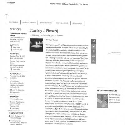 Ploszaj, Stanley J obit