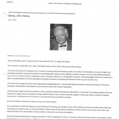 Spang, John Harvey obit