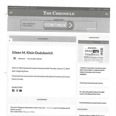 Klein, Eileen M Dudukovich obit