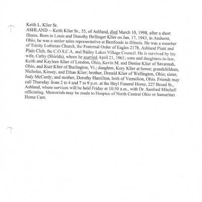 Kleir, Keith L Sr obit