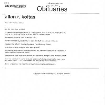 Koltas, Allan R obit