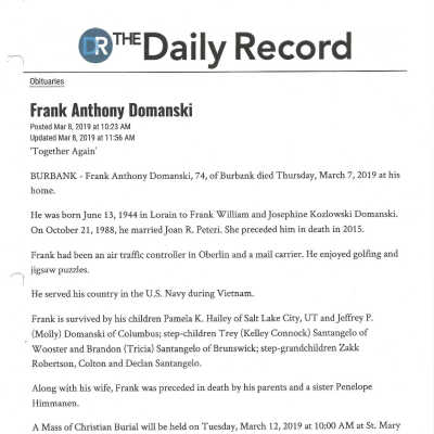 Domanski, Frank Anthony obit