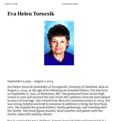 Jaskulski Torocsik, Eva Helen obit