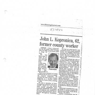 Kopronica, John L obit