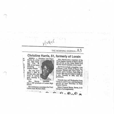 Pope, Christine Harris obit