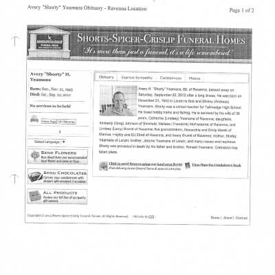 Yeamans, Avery H. Shorty obit