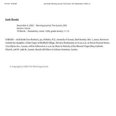 Bodnar Koski, Judi Obituary