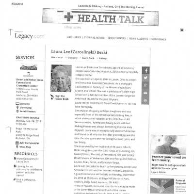 Zaroslinski, Laura Lee Berki obit